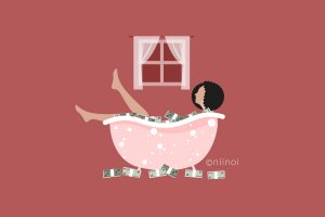 Business lady bathing in a bath tub full of cash